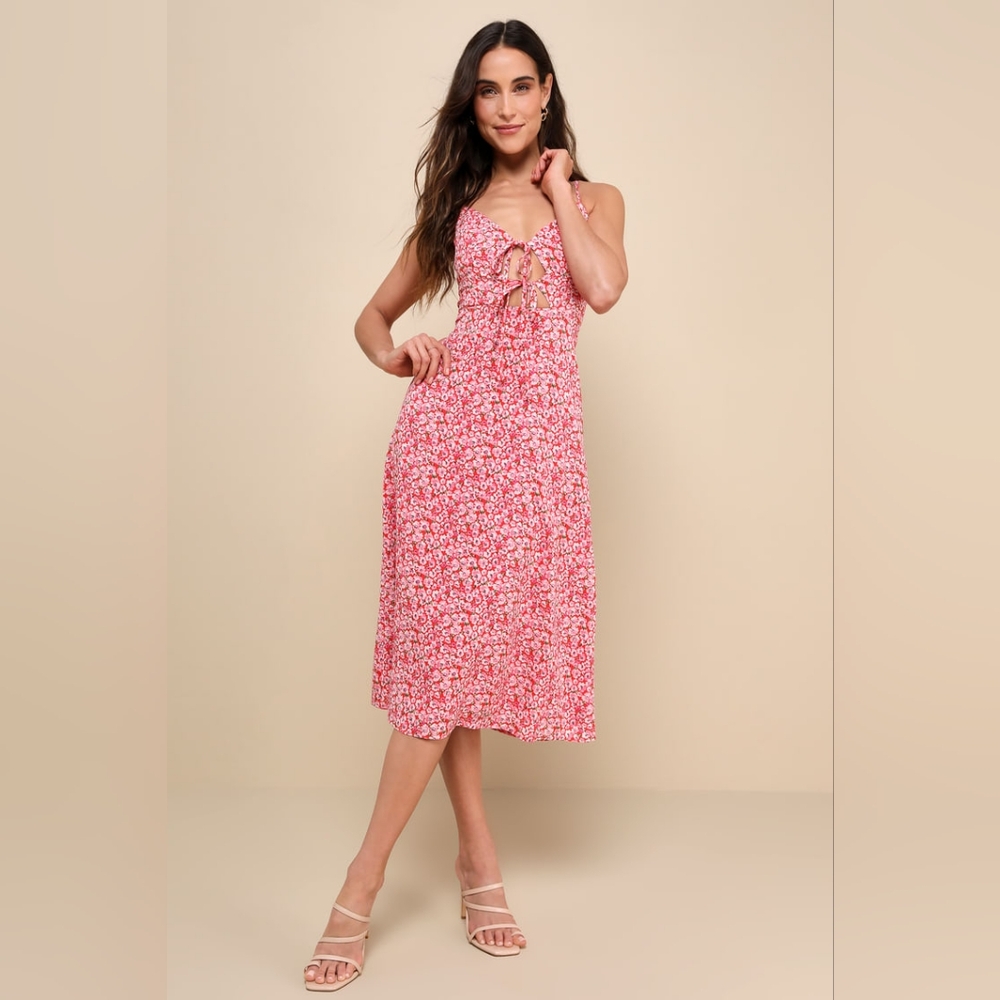 Intricate Sweetness Red Floral Tie-Front Sleeveless Midi Dress
